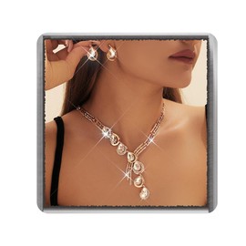 Ushiny Sparkling Crystal Necklace and Earring Jewellery Gold Prom Locking Rhinestone Tears Drop Neck and Ear Jewellery Set for Women