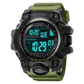FANMIS Mens Military Multifunction Digital Watches 50M Water Resistant Electronic 7 Color LED Backlight Black Sports Watch (Green)