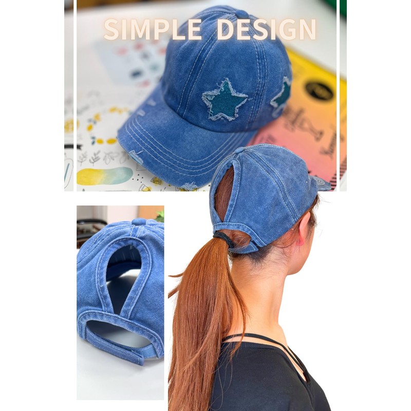 kanaelun Cap, Hat, One Size, Women's Star Pattern, Star Ponytail,