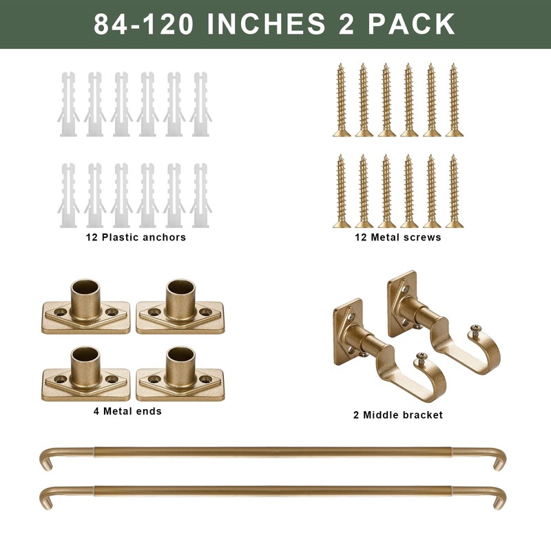 2 Pack Curtain Rods 84-120 Inches, Antique Gold Curtain Rods