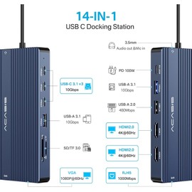 ACASIS 14IN1 USB C Hub Docking Station USB 3.1 3C+2A 10Gbps Data Transfer Port HDMI 2 HDMI 4K Support 3 Screen Output (2HDMI+VGA) Supports 100W PD Rapid Charge 1Gbps LAN SD/TF 3.0 Card Reader 3.5MM