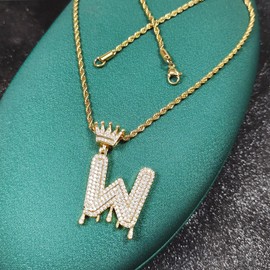 Initial Necklace for Men Women,Crown Letter Pendant with 24 Inch Chain,Cubic Zirconia Capital Monogram Pendant Necklace Jewelry Gift (Initial W)