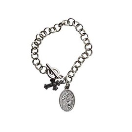 Saint Francis of Assisi Patron Saint of Animals Merchants and Ecology Loop Link Circle Stainless Steel Bracelet with Silver Plated Medal Toggle Closure and Blessed Prayer Card