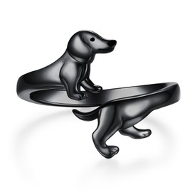 Dachshund Rings for Women 925 Sterling Silver Dachshund Open Rings Animal Puppy Dog Jewelry Gifts for Women Girls Dog Lovers (Black), Sterling Silver, No Gemstone