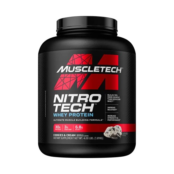 Whey Protein Powder|MuscleTech Nitro-Tech Whey Protein Isolate & Peptides|Protein + Creatine for Muscle Gain | Muscle Builder for Men & Women | Sports Nutrition | Cookies and Cream, 4lb (40 Servings)