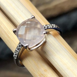 Natural 1.5ct Pink Rose Quartz, White Topaz 925 Sterling Silver Engagement Ring Size 5, 6, 7, 8, 9