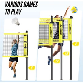 Patiassy Professional Volleyball Badminton Combo Set Net w/Net Adjustable Poles 4 Rackets