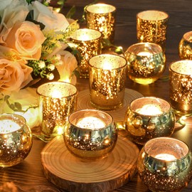 Gold Votive Candle Holders 12Pcs Assorted Gold Mercury Glass Votives Tealight Candle Holders for Table Centerpiece Wedding Bridal Shower Engagement Party Festival Holiday Home Decor