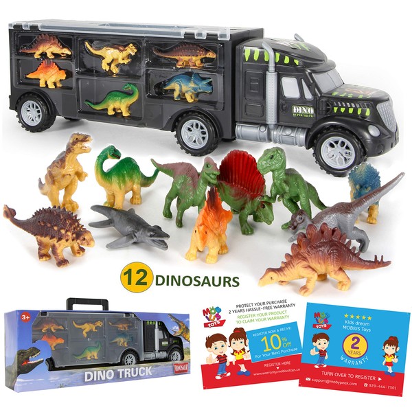 Dinosaur Truck Carrier – 12 Toy Dinosaurs Playset with a Dinosaur Car World – Dinosaur Toys Set for Toddler with More Dinosaur – Monster Trucks for Boys & Girls for 3, 4, 5, 6, 7 Years Old