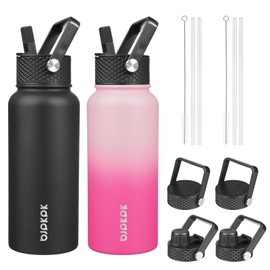 BJPKPK 2 Pack Insulated Water Bottles with Straw Lids, 32oz Stainless Steel Metal Water Bottle with 6 Lids, Leak Proof BPA Free Thermos, Cups, Flasks for Travel, Sports (Cherry+Black)
