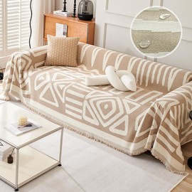 Awjcsv Water Resistant Boho Couch Cover, Soft Chenille Couch Cover for Dogs Washable, Couch Covers for 3 Cushion Couch Sofa Pet Friendly, Thick, Dirt Resistant (Khaki, 71" x 118")