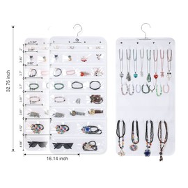 Freegrace Hanging Jewelry Organizer Revolving Hanger - Secure Zipper Closure - 25 Pockets,23 Hooks - Foldable Storage & Display Solution - For All Jewelry & Bijoux (White)