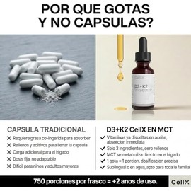 CellX Vitamina D3 10 mcg + K2 MK-7 10 mcg en Gotas con MCT de Coco | 1 Gota/Día | 30 ml | 750 Porciones