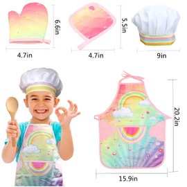 GIFTRRTOY Real Kids Cooking and Baking Set - 26 Pcs Kids Chef Role Play Costume Set Includes Rainbow Apron, Chef Hat, Cooking Mitt, Utensils, Cupcake Molds for Toddler Boys and Girls Ages 3+