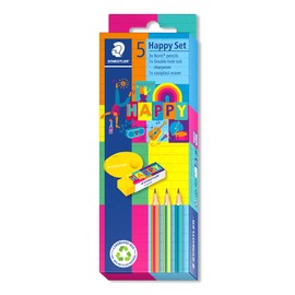 STAEDTLER Stationery Set in Colourful Happy Colours, 3 Noris Pencils, 1 Rasoplast Eraser, 1 Double Folding Sharpener for Writing and Painting, 61 SC3 HA