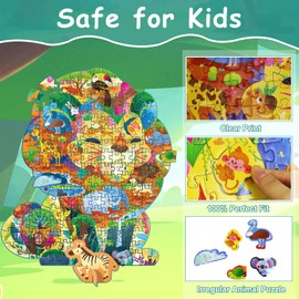 REALRINDO Puzzles for Kids Ages 6-8 200 Piece Lion Jigsaw Puzzles Unique Animal Shape Floor Puzzle Educational Toys Birthday Gifts for Ages 8-12 Children Boys Girls
