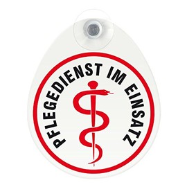 Sign, car sign "Pflegedienst im Einsatz" with suction cup, 1.1 mm, weatherproof material, 100 mm x 120 mm, green from inside or outside