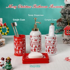 Bathroom Accessories Set, 4 Pcs Merry Christmas Ceramic Bathroom Counter Sets Includs Soap Dispenser Soap Dish & 2 Gargle Cup, Creative Bathroom Kit for Home Office Festival (Red)