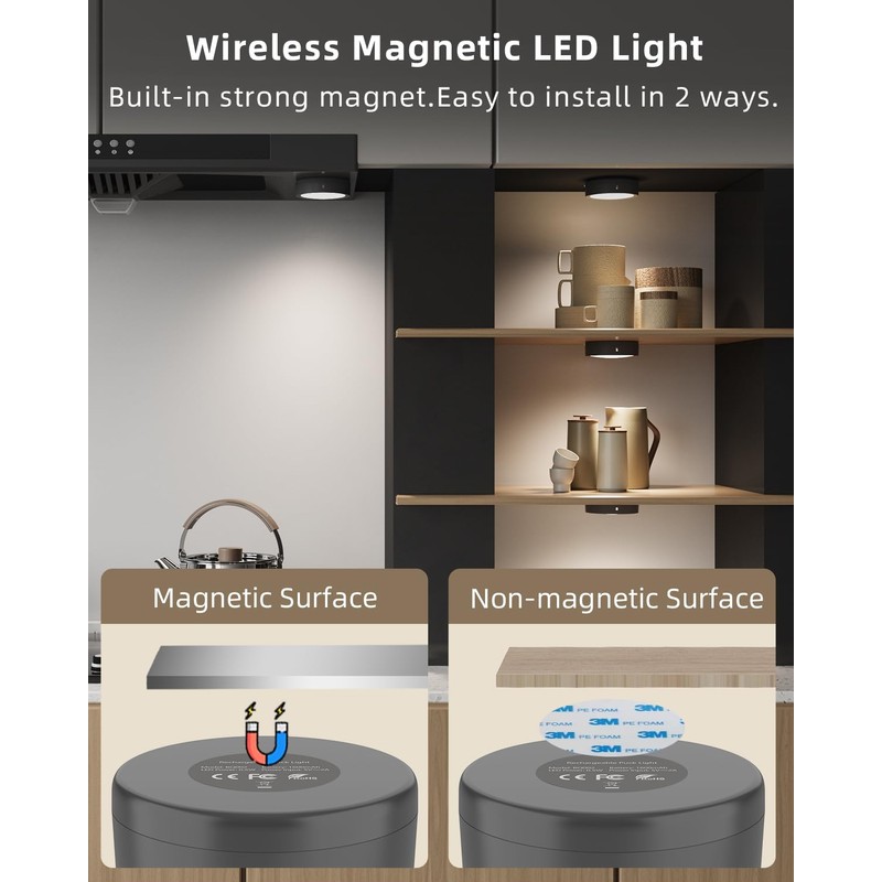 Rechargeable Puck Lights with Remote Control, Black Battery Powered Push