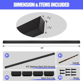 Gyykzz 6'6" Stainless Steel Handrail Black, Rectangular Handrail Flat Top Rail for Indoor Outdoor Deck Stair Cable Railing System, Black Handrail with 4 Nylon End Cap for Indoor Stairs DIY Balustrade