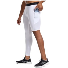 Men's Basketball Single Leg Tight Sports Pants 1/2 One Leg Compression Pants with Pockets Athletic Base Layer (White,XL,X-Large)