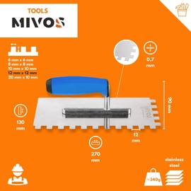 Mivos Toothed Smoothing Trowel 12 x 12 mm with Soft Grip - Stainless Steel Toothed Trowel 270 x 130 mm - Eaves with Teeth 12 mm - Rustproof Serrated Smoothing Trowel 270 x 130 - Made in EU