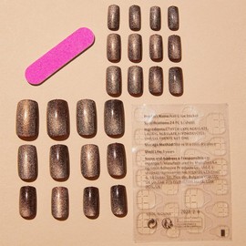 ANDGING Cat Eye Press on Nails Gold Black Short Square Fake Nails with Glue Acrylic Bling Glue on Nails with Designs Glitter Gel Manicure False Nail for Women Classy Stick ons Nails for Wedding CFF68