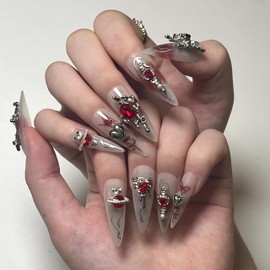 BABALAL Stiletto Press on Nails Long Fake Nails Sliver Glue on Nails 3d Red Planet Heart Y2k Acrylic Nails 24Pcs Almond Goth Manicure Artificial Punk False Nails for Women and Girls