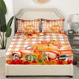Fall Pumpkin Kids Fitted Sheet Queen Size,Truck Autumn Maple Leaf Bedding Set,Girls Boys Adults Room/Cabin Decor,Geometric Grids Thanksgiving Day Bed Cover,Rustic Bed Sheet,2 Pillowcases