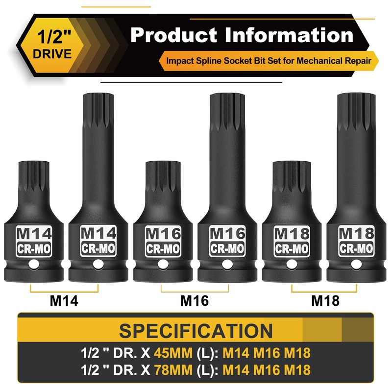 KIRXST 1/2 Inch Impact XZN Bit Socket Set, M14 -