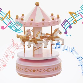MINGZE Carousel Music Box, Music of Castle in the Sky, 11 Colors, Clockwork Vintage Merry-Go-Round Toy Birthday/Christmas/Decoration/Children Gifts (Star-pink)