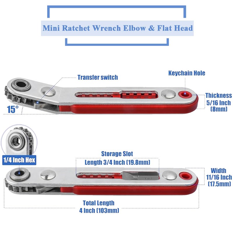 Wolfride 2Pcs Mini Ratchet Wrench Set, 1/4" Hex Bit Drive