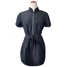 Ladybird Line 214 Classic Black Longer Length Scrub Tunic Rhinestone Half Zipper Stylish Front Water, Hair and Bleach Resistant, Side Slits, Short Sleeve, Adjustable Tie Belt (5X-Large)