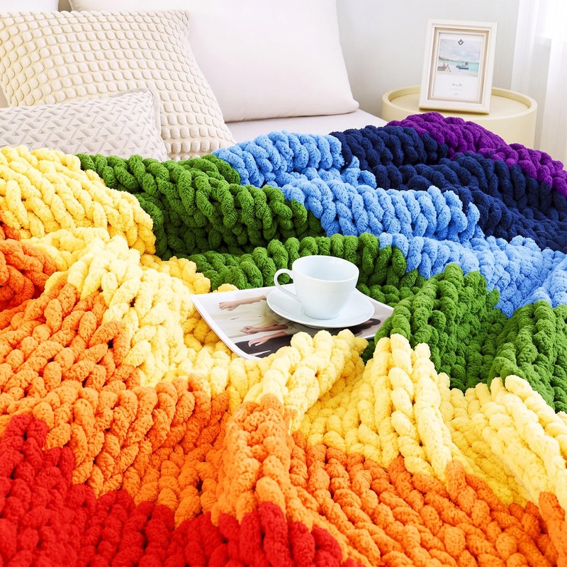 Buryeah Rainbow Chunky Knit Throw Blanket 50"x60" Soft Knitted Throw