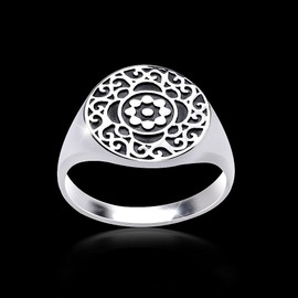 Materia #SR-119 Women's Signet Ring Flower Floral 925 Silver Antique Wide, Sterling Silver, No Gemstone
