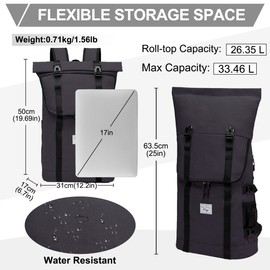 Kasgo Laptop Backpack for Men, Water Resistant 17 inch Vintage Rucksack Roll Top College School Backpack Casual Daypack for Women Teenagers Travel Work Hiking, Dark Grey