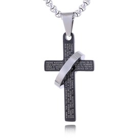 DonDon Men's Stainless Steel or Leather Cross Pendant Necklace in a Velvet Pouch, Stainless Steel, No Gemstone