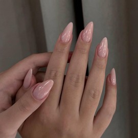 Almond False Nails - 24PCS French Tip Natural Nude Style - Light Pink Short Almond Fake Nails - Acrylic Full Cover Glitter Glue on Nails - Stick on Nails for Women Girls Days Nails Art