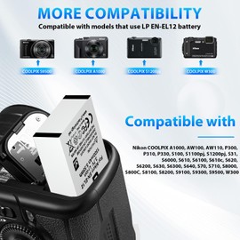 LP EN-EL12 Battery Charger Pack, 2-Pack 1500mAh Batteries for Nikon Coolpix A1000, B600, Coolpix AW130, A900, W300, S1200pj, S9900, S9500, S9300, S9200, S8200, S6300, S6200, S6100, S800C, S710, S70