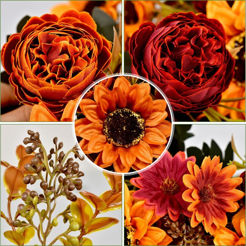 2 Bunches Autumn Artificial Flowers Sunflowers Orange Fake Peony Bouquet