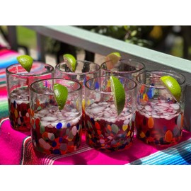 Dos Sueños Hand Blown Mexican Drinking Glasses – Set of 6 Confetti Carmen Tumbler Glasses (10 oz each)