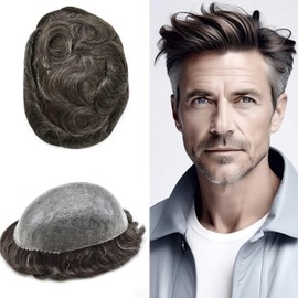 Toupee For Men Hair Piece 100% Real Remy Human Hair Mens Toupee Hair Pieces Poly Skin Hair System For Men Hairpieces Replacement System Natural Hairline 8''X10'' #230#2 Darkest Brown+30% Grey