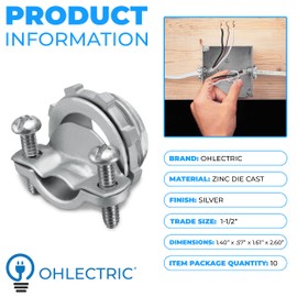 OhLectric 1-½” Cable Connectors for Locknut to Terminate Service Entrance Cable to Enclosure; Connector for Type SEU and NM Cable; Zinc Die-Cast Round Connector; Twin Screws - Pack of 10 - OL-68536