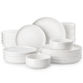 MALACASA Plates and Bowls Sets, 24 Pieces Modern Porcelain Dinnerware Set for 6 Ceramic Dishware Dishes White Kitchen Dinner Dining Ware Set Microwave and Dishwasher Safe, Series LUNA