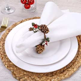 Christmas Napkin Rings Set of 12, Pinecone Napkin Rings with Berry Handmade Wreath Leaf Napkin Rings for Xmas Thanksgiving Celebration Party Dinner Table Decoration