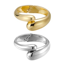 Emibele Bangle Cuff Bracelet Stack, Chunky 18K Gold Plated Teardrop Hinged Thick Bangle Bracelet Set, Non Tarnish Gold Bracelets for Women, 2 Pack, Gold & Silver