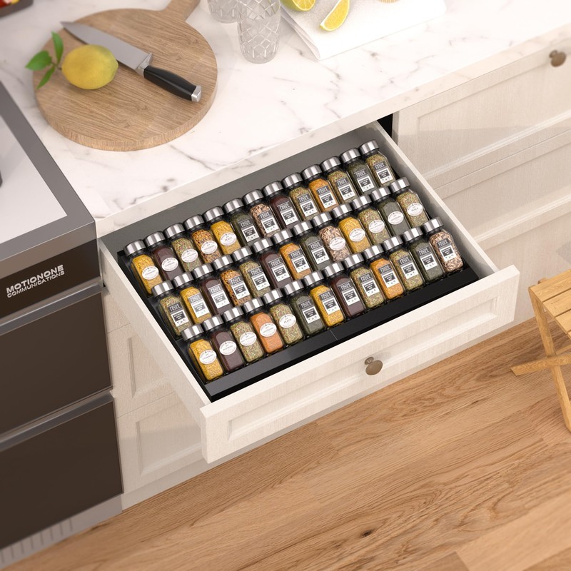 Wobmmi Expandable Metal Spice Drawer Organizer,3-Tier Slanted Seasoning Jars Tray