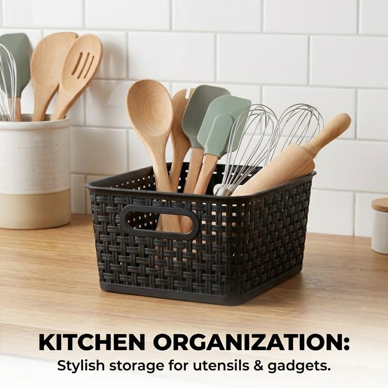 8 Pack Black Storage Baskets, Plastic Woven Organizer Baskets, Stackable