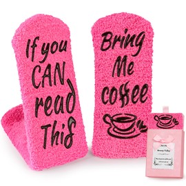 Breezy Valley Coffee Socks for Women - Coffee Lovers Gifts for Her - If You Can Read This Bring Me Coffee - Funny Pink Fuzzy Socks, Christmas Socks for Women, Stocking Stuffers Women Novelty Socks