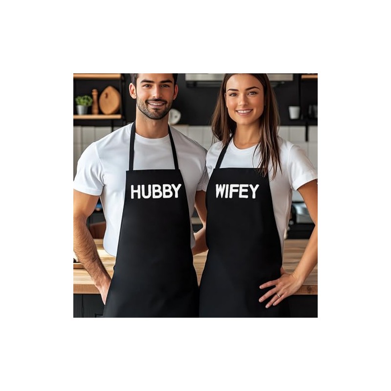 HUBBY & WIFEY - Matching Printed Aprons Couples Gift Set